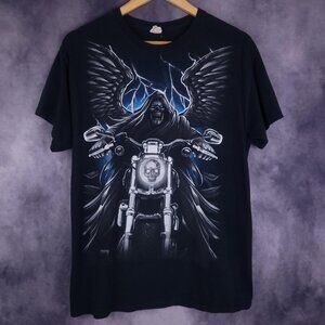Vintage Y2K 00s Grim Reaper skeleton skull biker motorcycle faded black shirt